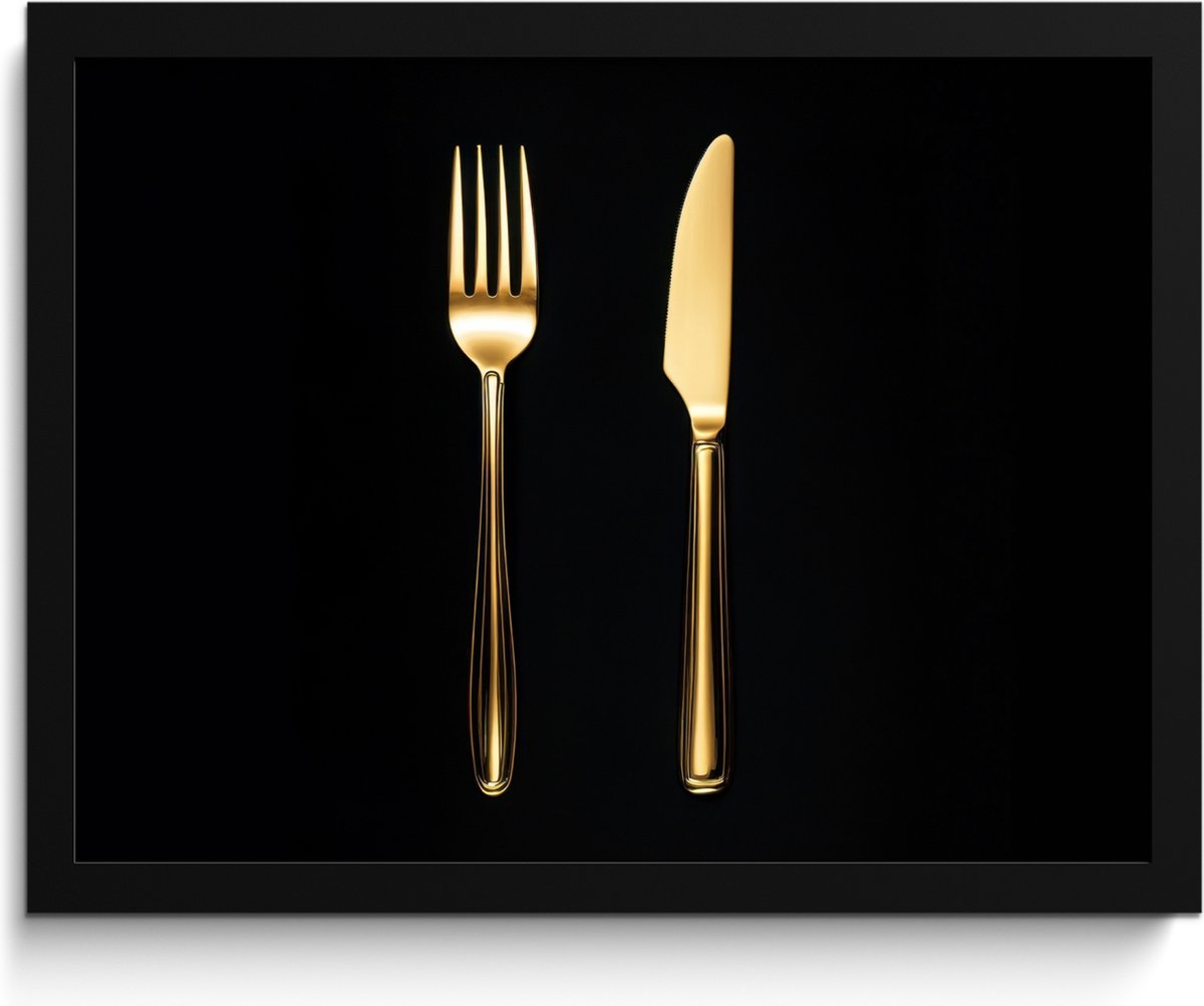FrameYourWall Fotolijst inclusief poster - Posterlijst 40x30 cm - Posters - Bestek - Goud - Mes - Vork - Foto in lijst - Keuken decoratie muur - Wanddecoratie accessoires - Muurdecoratie - Schilderijen