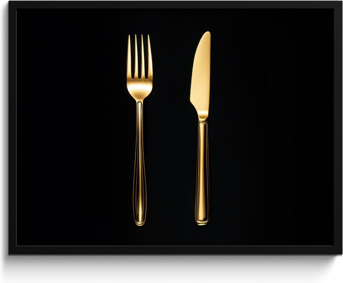 FrameYourWall Fotolijst inclusief poster - Posterlijst 80x60 cm - Posters - Bestek - Goud - Mes - Vork - Foto in lijst - Keuken decoratie muur - Wanddecoratie accessoires - Muurdecoratie - Schilderijen