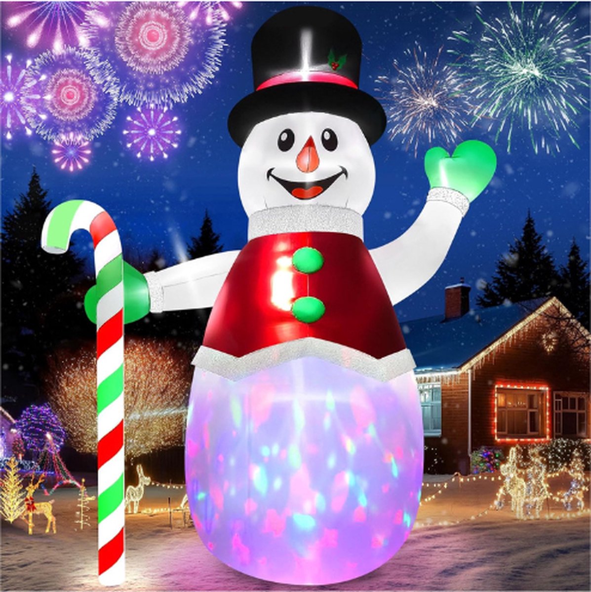 12FT Kerstmis Opblaasbare Buitendecoraties-Sneeuwpop Opblaasbaar Met Ingebouwde Roterende Kleurrijke LED-Lampjes-Opblaasbare Tuindecoratie Voor Kerstfeest-Tuin Tuin Gazon Decors