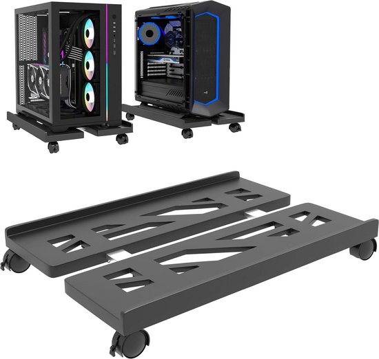 PC-standaard, computertoren, verstelbare mobiele CPU-standaard met 4 rollende zwenkwielen, computerbehuizinghouder, pc-lade voor vloertapijt thuiskantoor onder bureau zwart 22-34 × 40-52 cm
