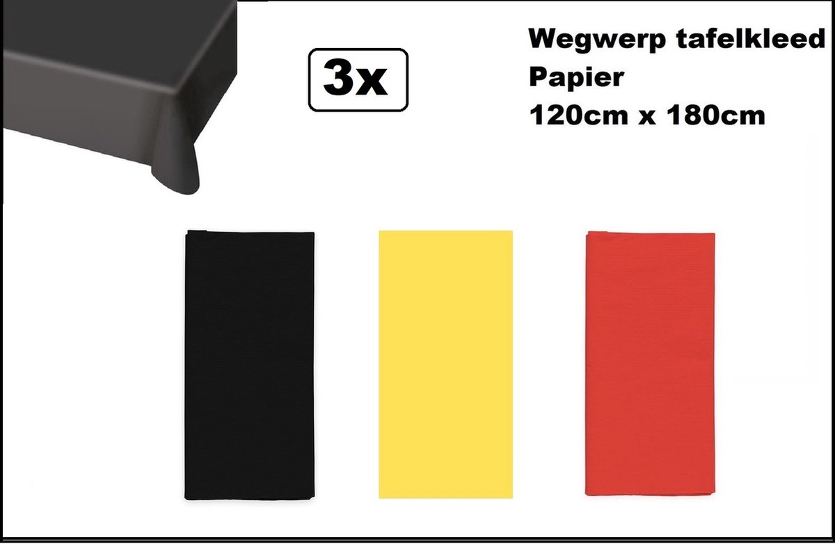 3x Wegwerp tafelkleed papier zwart/geel/rood 120cm x 180cm - Thema feest festival thema feest evenement gala Belgie