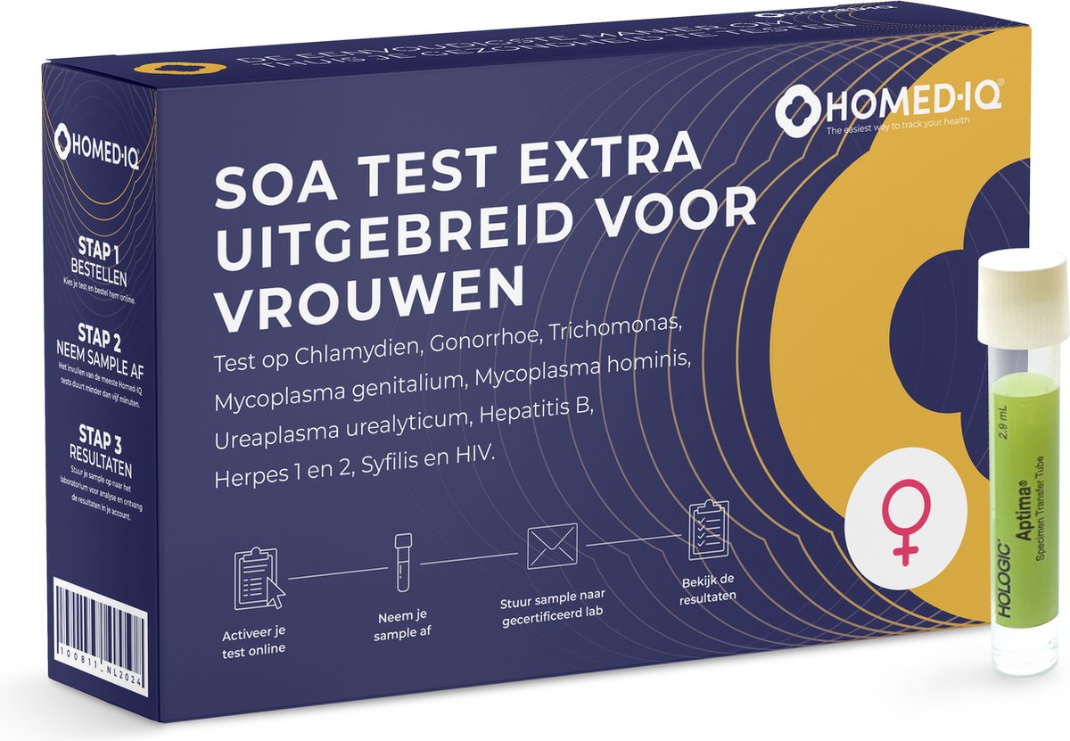 Goedkoopste Homed-IQ - SOA Test Extra Uitgebreid Vrouwen - Thuistest - Test op HIV (I, II, P24 antigeen), Hepatitis B, Herpes I & II (HSV 1 & 2), Chlamydia, Gonorroe, Trichomoniasis, Syfilis.