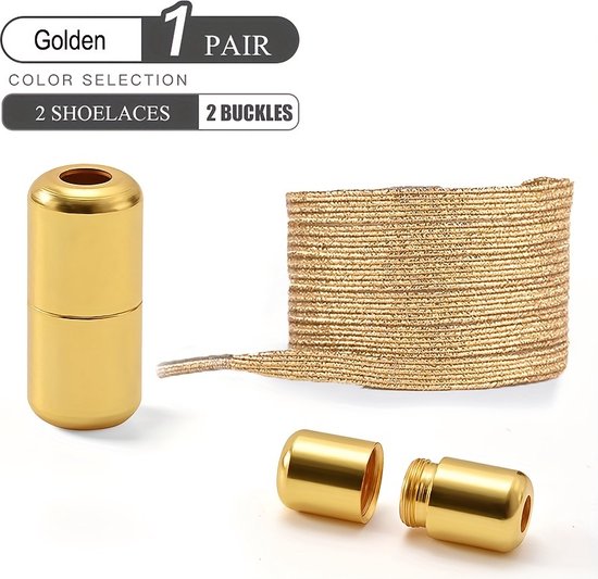 Gouden metalen gespen en een rol goudkleurige, glanzende, platte elastische veters.