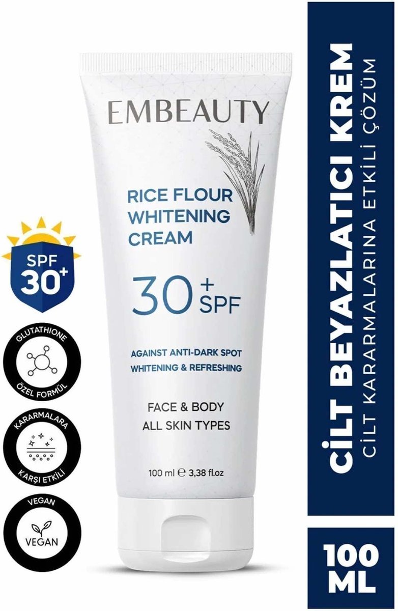 Goedkoopste Embeauty Rice Flour Skin Whitening Huidblekende Verhelderende Anti-Blemish Verzorgingscrème 30 SPF Alle huidtypes 100 ml