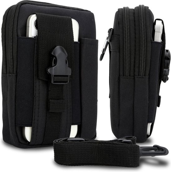 Pochette téléphone tactique noire avec poches zippées et fixation ceinture réglable.