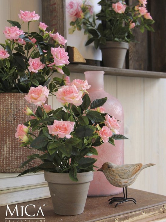 Mica Decorations Kunstplant - 2x - rozen - roze - in grijze pot - 33cm - kunst roos