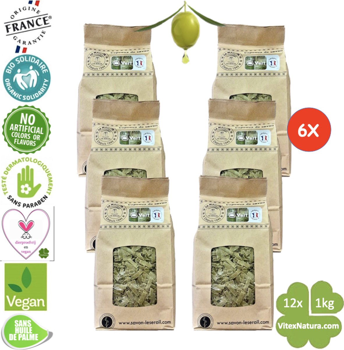 Goedkoopste Marseille zeepvlokken Olijf olie | 6x 1 kg | Ecologisch en Milieuvriendelijk | Le Serail | Multifunctioneel | Puur natuur