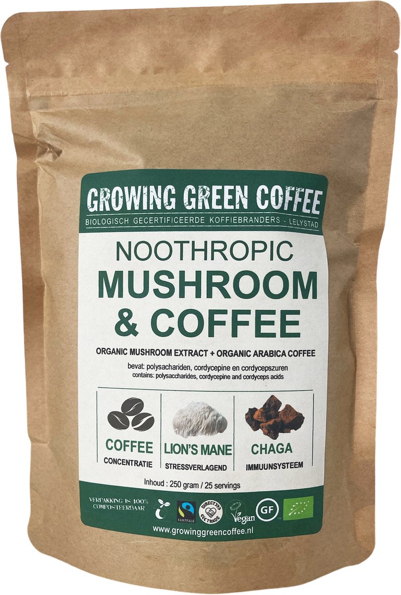 Goedkoopste Biologische Koffie met Biologische Lion's Mane poeder extract en Biologische Chaga poeder extract - 250 gram - Verhoogde weerstand - Mushroom coffee - Mushroom koffie