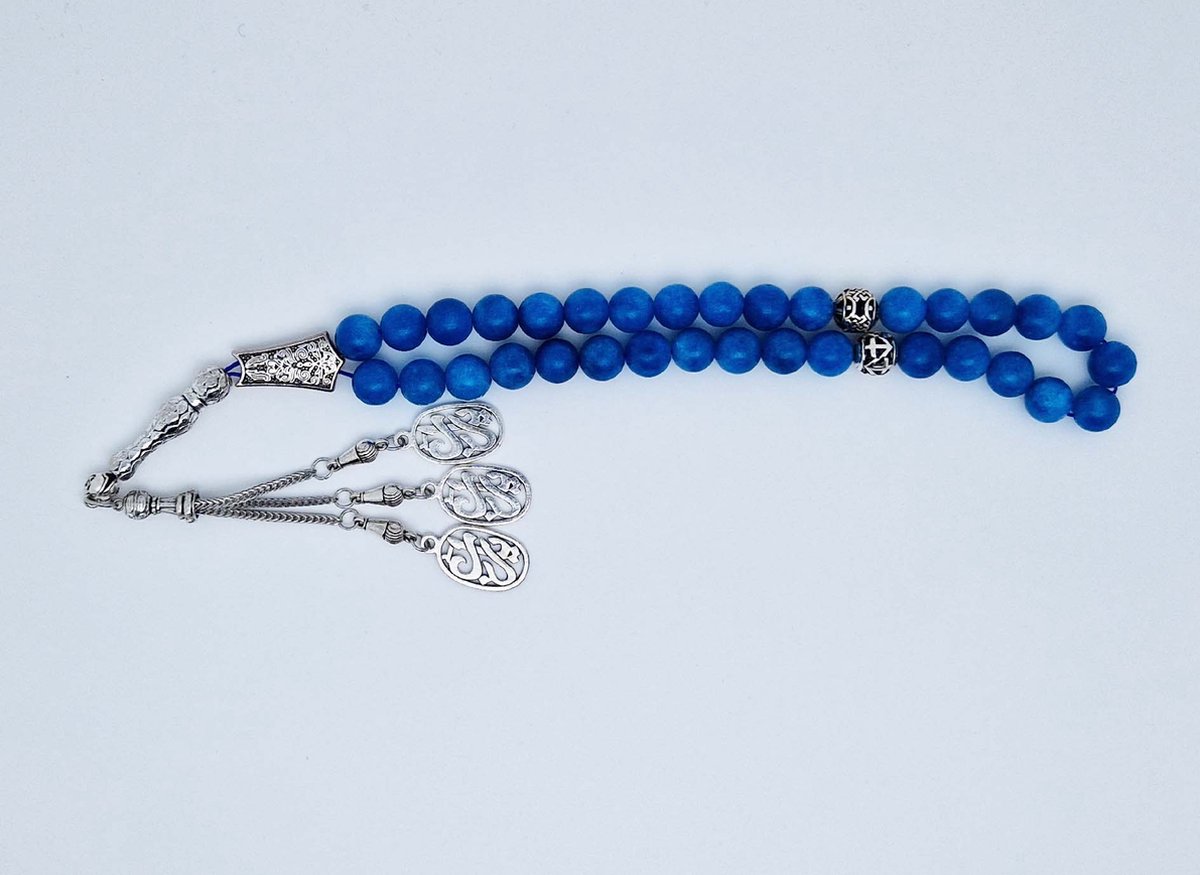 Handgemaakte tesbih "tasbih" natuursteen " Blauwe Agaat" - Aantal kralen 33 - Diameter kralen 10 MM - met metaal tassel "model 8" - Een mooi cadeau-idee
