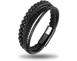 Leren armband zwart Niro leer 21cm - met magneet- Inclusief geschenkverpakking - Armbanden leer Mauro Vinci