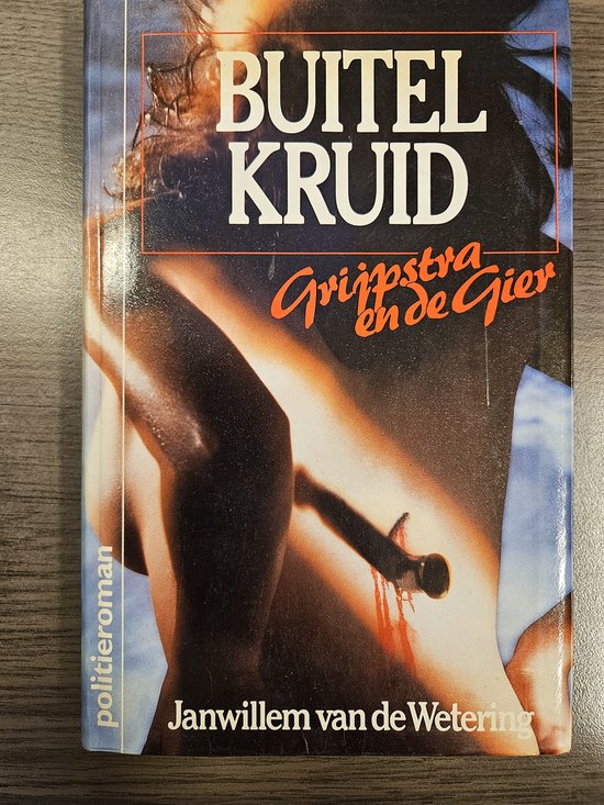 Boekcover met de titel BUITEL KRUID. Een mes steekt in een arm.