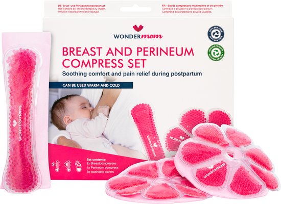 Verpakking van de Wondermom Borst en Perineum compress set met baby en moeder.