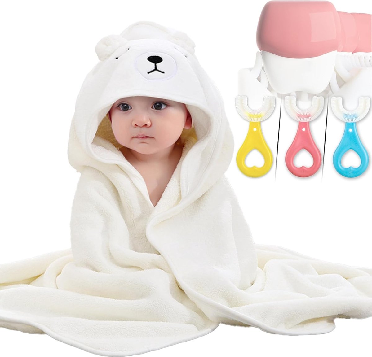JGS ® Kinderbadponcho met Schattige Oortjes, Superzachte en Absorberende Babyhanddoek met Kap, Wit, Set van 2