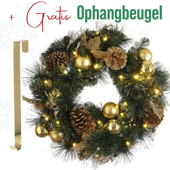 Meisterhome Goud Kerstkrans van 50 cm - Met Gratis Ophangbeugel en 35 Warmwitte LED's + Timer - Dennenappels kerstkrans met Verlichting - Kerstkransen - met Lampjes voor Buiten - Christmas - Kerstmis - Voordeur - Krans - kerstversiering