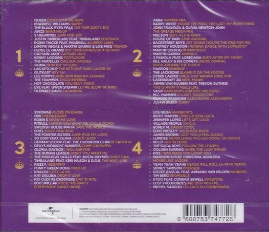 CD-hoes met tracklist, artwork is 'Keep Calm and Party All Night', goudkleurige tekst op paarse achtergrond.