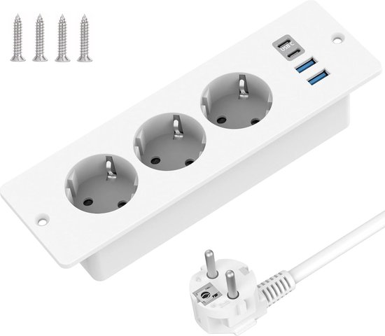 StayPowered Inbouwstopcontact - Altijd Opgeladen & Opgeruimd - 3 Stopcontacten - 2 USB-A + 2 USB-C Poorten - 2m Kabel - Slim Verzonken Ontwerp - Eenvoudige Installatie - Geschikt voor Werk- en Vergadertafels - Wit - Levering Sneller dan Aangegeven!