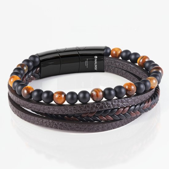 Malinsi Bracelet Homme - Pierre Onyx Marron Cuir Cordons et Acier Inoxydable - Bracelet Homme 20 + 2 cm Extension