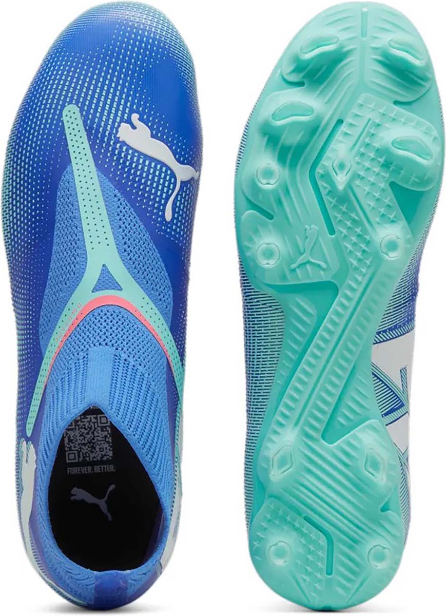 Puma Future 7 Match+ LL FG/AG voetbalschoenen in Bluemazing-PUMA White-Electric Peppermint met FUZIONFIT bovenwerk.