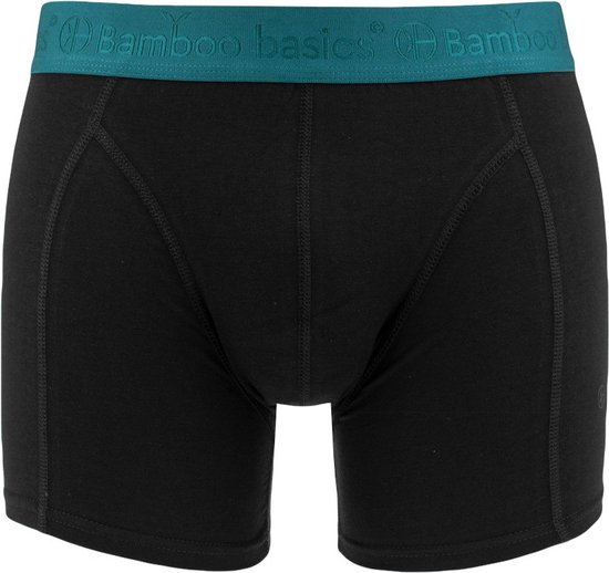 Boxer Bamboo Basics noir avec une ceinture élastique bleu-vert ornée du logo.