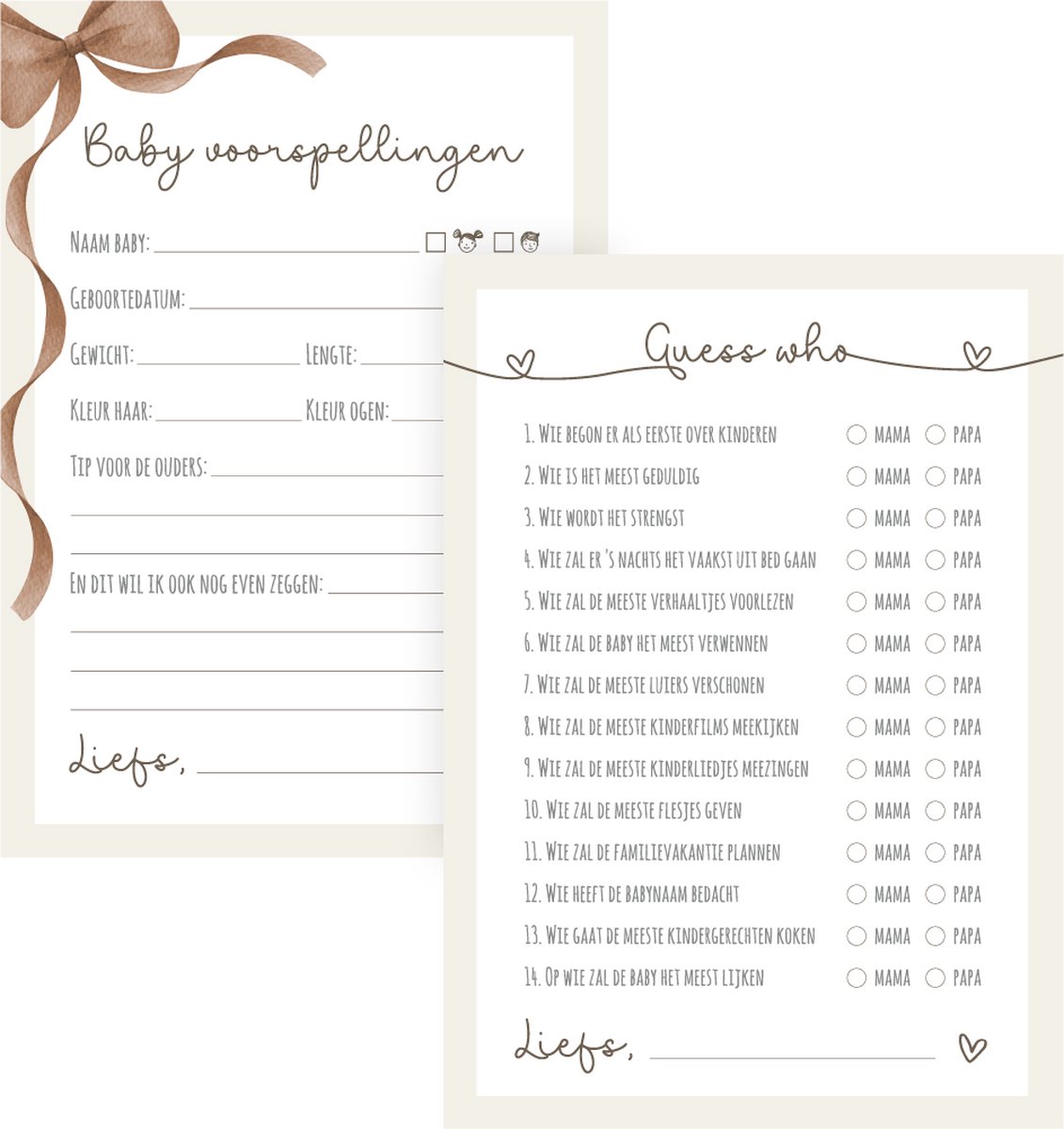 Unieke Ukkies Babyshower invulkaarten Bow & Guess Who - 2 x 10 stuks - A6 formaat