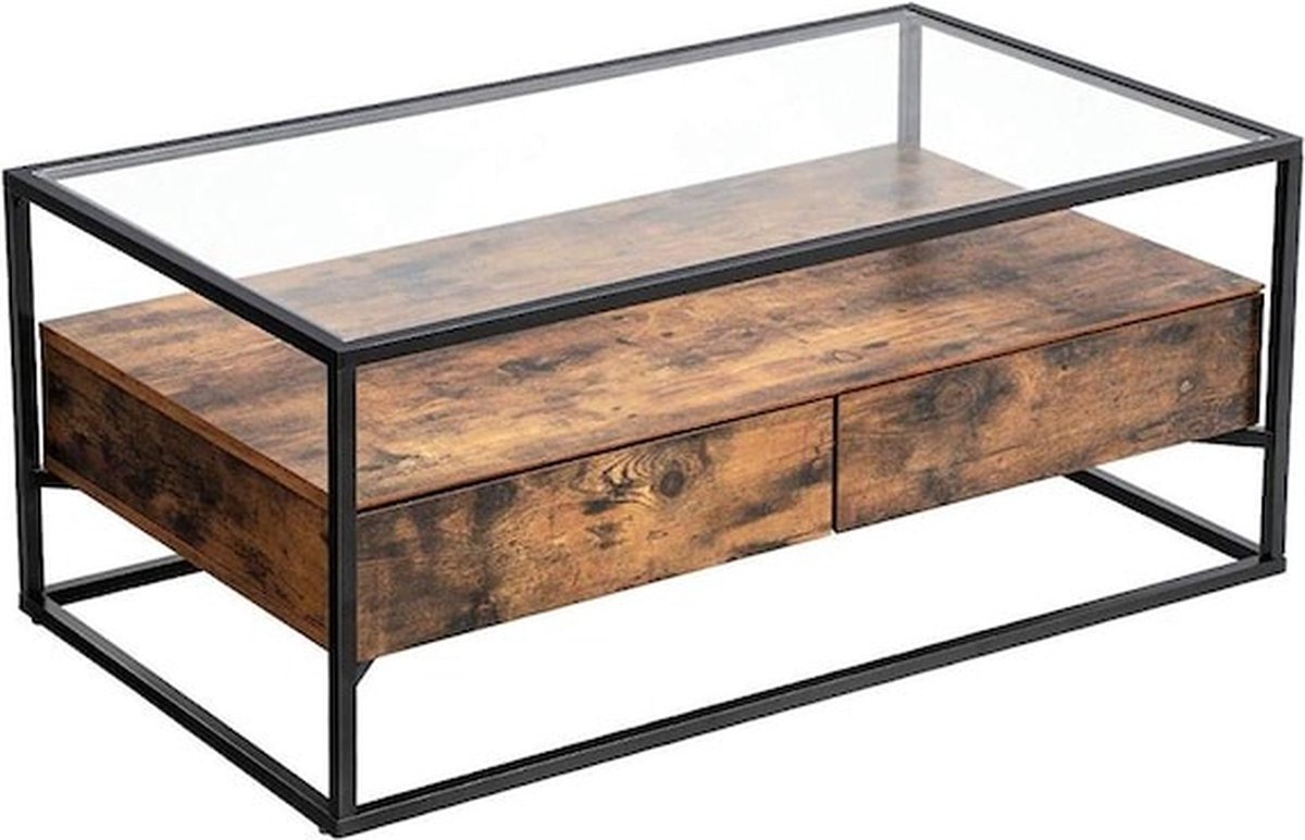 Furnilux Salontafel industrieel hout met glas 125x60x45 cm – Met opberglades – Zwart frame - Wave Bruin