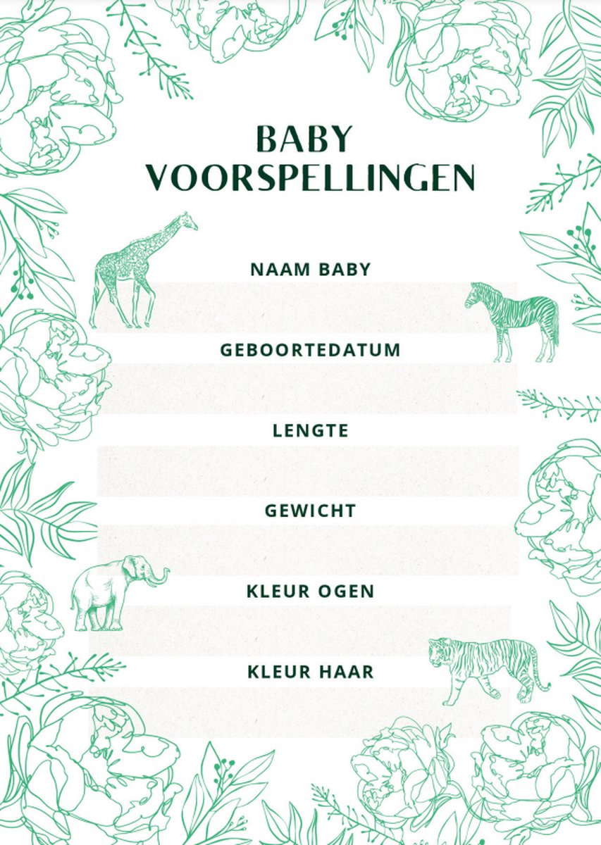 Babyshower invulkaarten - voorspellingskaarten - planten - dieren - 25 stuks