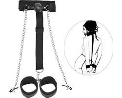 BDSM Harnas met Handboeien Tepelklemmen en Gag Bal - One size - Zwart