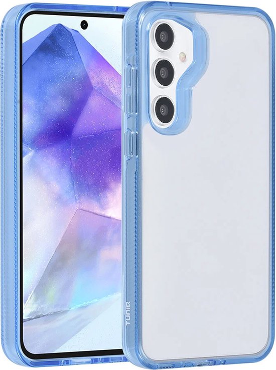 Arrière d'une coque de téléphone bleue transparente avec une découpe pour la caméra.