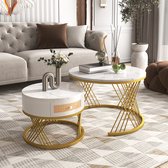 Table basse Gutent, Wit, 2 en 1, en MDF. Tiroirs ronds en grain de marbre et rotin en plastique, poignées en bois massif, pieds en fer doré, 70*70*45,5+50*50*38,5 cm