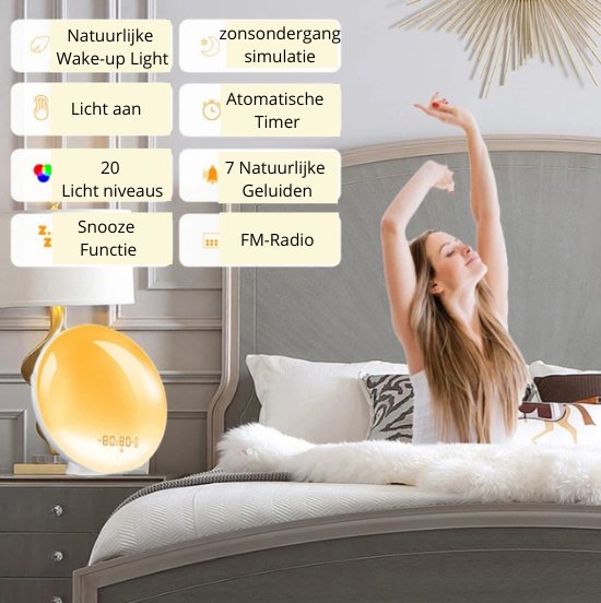 Bloominggoods® Wake-Up Light - Wekker - Alarm - Digitale Klok - Nachtlamp - Radio - USB Oplader - Snooze Functie - 7 Natuurgeluiden - Wit van Bloom — afbeelding 2