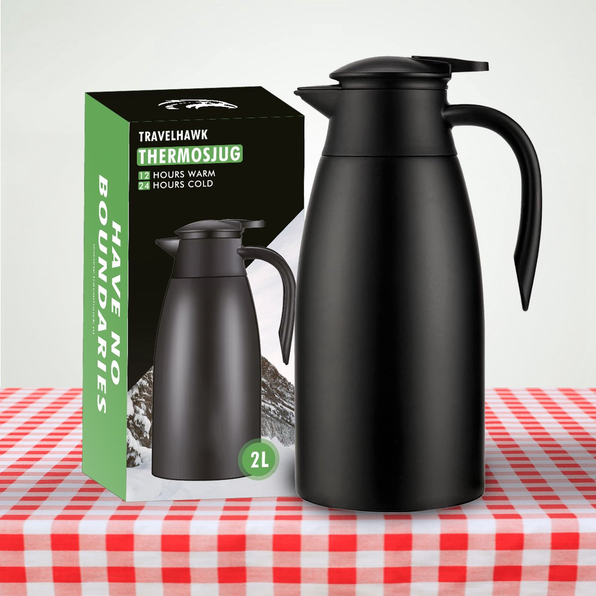 Travelhawk Thermoskan - 2 Liter - Isoleerkan - Zwart - Koffie - Thee - Voor warme en koude dranken — cadeau in Koken & Dineren - foto 3