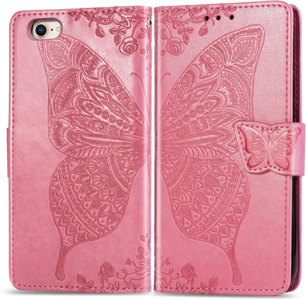 Boek-Cover Hoes Etui geschikt voor iPhone SE - iPhone 7 - 8 - Roze - Vlinder Relief