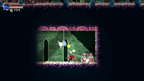 2D-gameplay: een ridder met een rode cape verzamelt munten en een blauwe edelsteen in een stenen kamer met een kist.