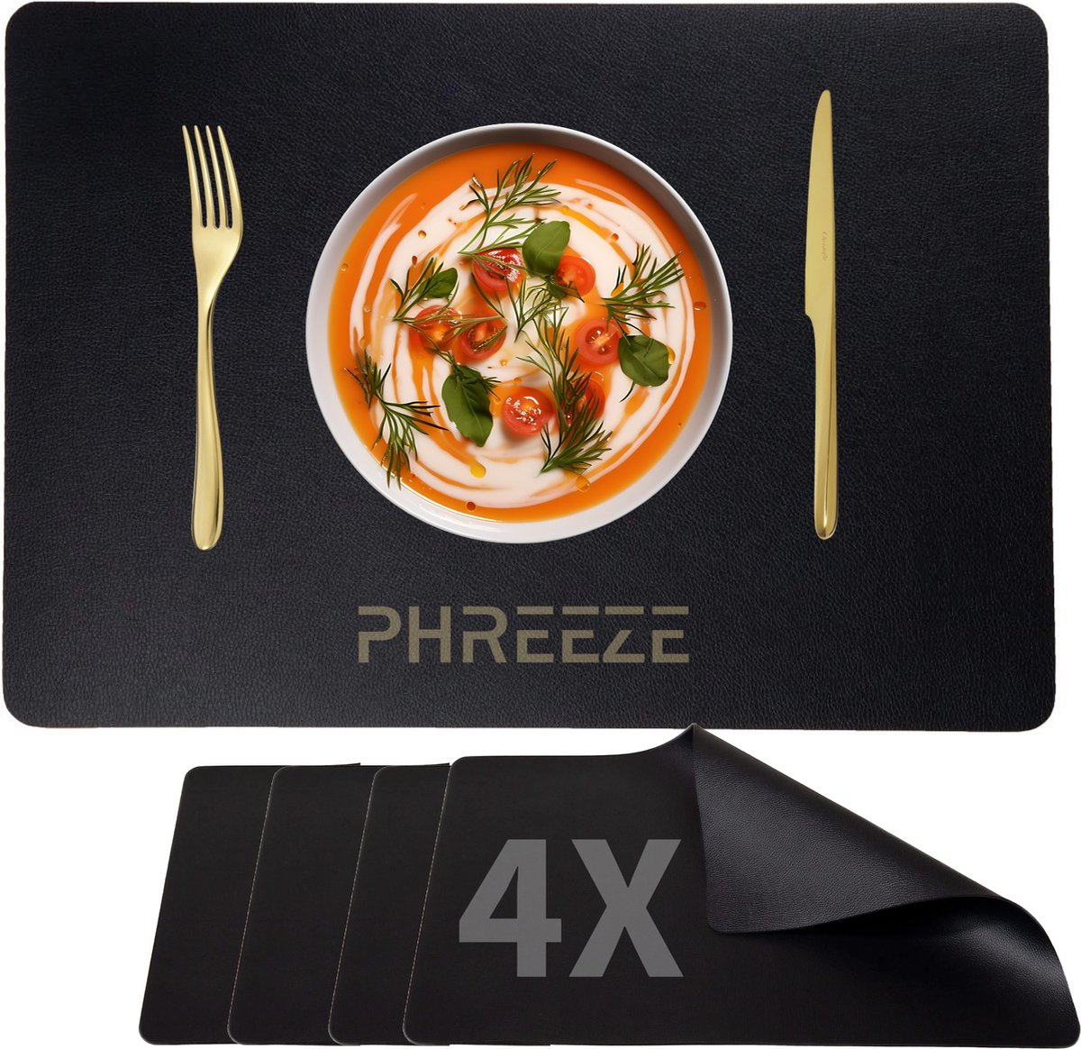 Luxe Placemat Kunststof - 45 x 30 cm - Set van 4 Stuks - Lederlook Placemats - Antislip - Waterafstotende Onderlegger - Onderzetter - Zwart