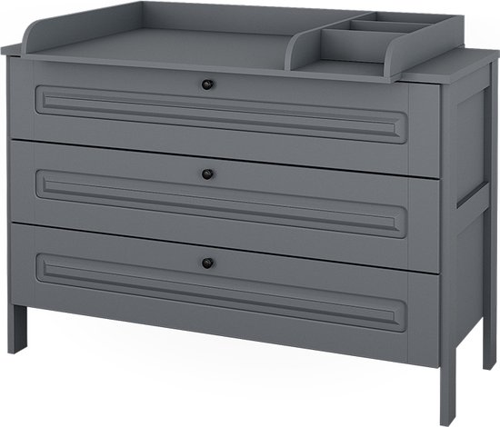 Grijze commode met drie lades en een afneembaar verschoonblad met vakverdeling.