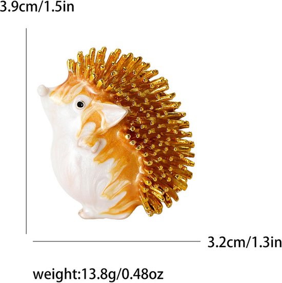 Broche hérisson émail blanc et doré avec des piquants dorés. Dimensions: 3.9cm/1.5in de haut, 3.2cm/1.3in de large.