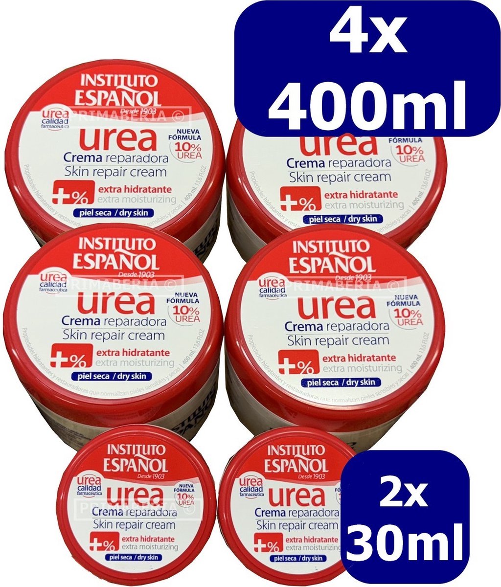 4-PACK Instituto Espanol Urea Bodycrème 400ml INCLUSIEF 2 x 30ml travelsize