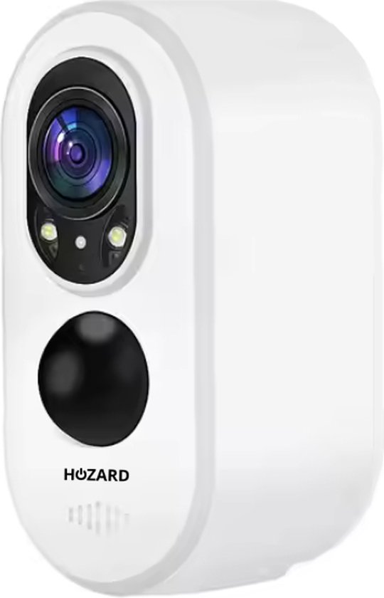 Witte beveiligingscamera van Hozard met lens, twee lampjes en een zwarte cirkel.
