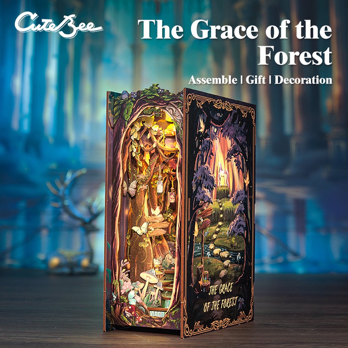 CuteBee Book Nook - Modelbouw - Houten 3D Puzzel - DIY Bouwpakket Volwassenen en Volwassenen - Boekensteun - Boekenhouder - The Grace of Forest — afbeelding 4