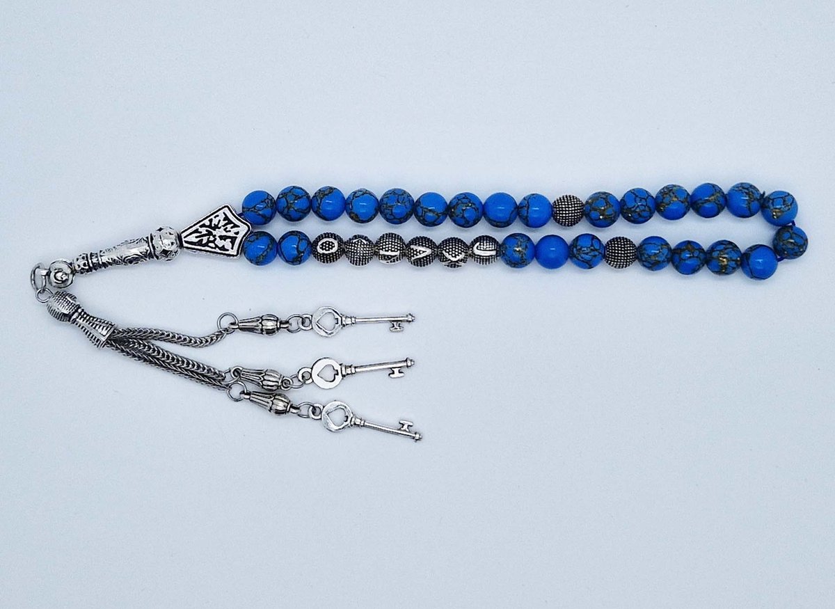Handgemaakte naam tasbih 33 Kralen Natuursteen “Blauw howliet gesponnen goud” - met metaal tassel “ Sleutels"- Met je naam of de naam van uw geliefde- 8 mm diameter van de korrel
