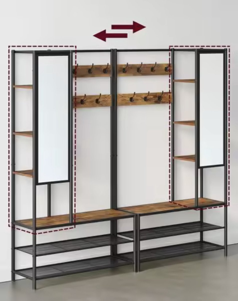 J&R Kapstok - Kledingrek - Kledingstandaard - Garderobekast - Kleerhanger - Garderoberek - Gangmeubel - Kapstok Staande kapstok - Vestiairemeubel - Kast - Rek - Planken - 7 Haken - Spiegel - Schoenen rek - Hout en metaal - Industrieel - Bruin/Zwart – foto 2