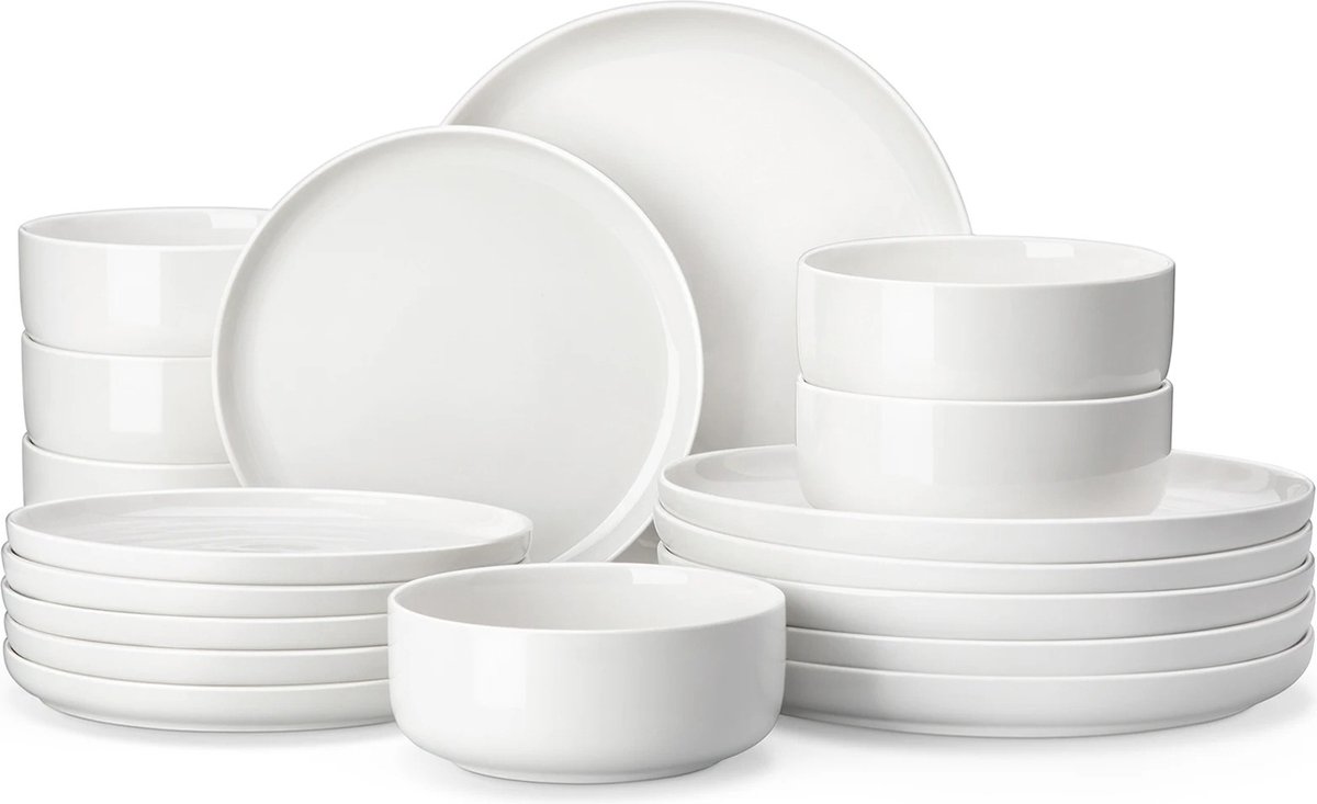 Serviesset - 6 Persoons Servies - Keramiek - Diner- en Dessertborden en Kommen - 18-delige Set - Wit