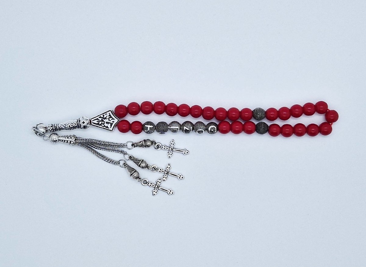Handgemaakte naam tasbih 33 Kralen Natuursteen “Bloedkoraal” - met metaal tassel “ Kruis"- Met je naam of de naam van uw geliefde- 8 mm diameter van de korrel