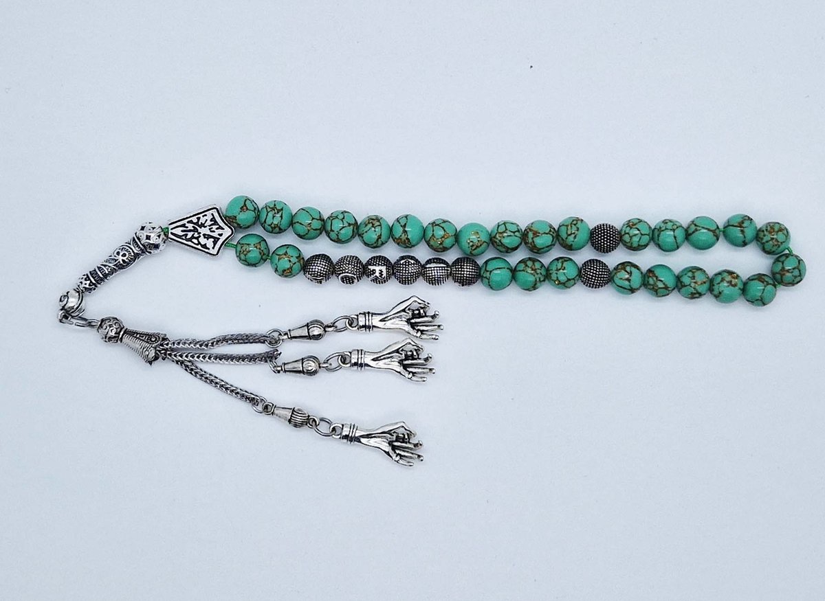 Handgemaakte naam tasbih 33 Kralen Natuursteen “Groen howliet gesponnen goud” - met metaal tassel “ Handpalm"- Met je naam of de naam van uw geliefde- 8 mm diameter van de korrel