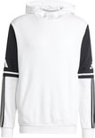 De achterkant van een witte capuchontrui met donkergrijze mouwen en zwarte Adidas-strepen.
