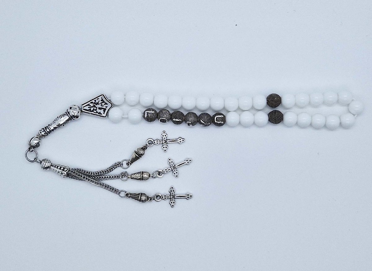 Handgemaakte naam tasbih 33 Kralen Natuursteen “Witte agaat” - met metaal tassel “ Kruis"- Met je naam of de naam van uw geliefde- 8 mm diameter van de korrel