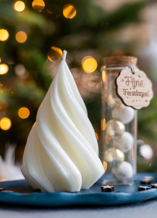 Geschenkset schoteltje in bladvorm in petroleumblauw met een twirly kerstboom kaars - Handgemaakt van Duurzaam Jesmonite met Sojawaskaars en Glittereffect – Decoratie voor Huis, Cadeau, Kerst, Oudjaar & Nieuwjaar - Origineel - Cadeau - Idee