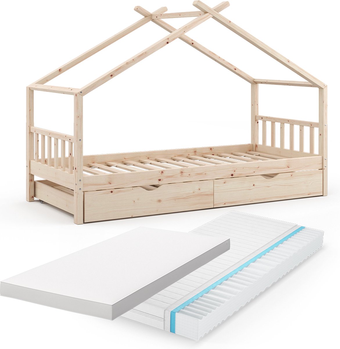 Vitalispa Design Huisbed – 90x200 cm met logeerbed en 2 matrassen Natuurlijk hout