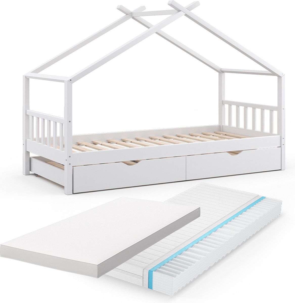 Vitalispa Design Huisbed – 90x200 cm met logeerbed en 2 matrassen Wit