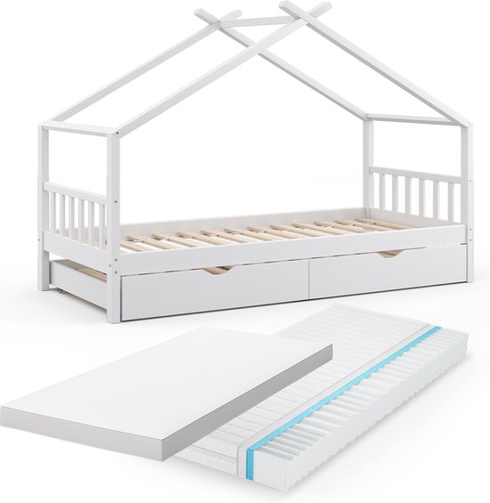 Vitalispa House Bed Design, Wit, 90x200 cm avec lit d'appoint et 2 matelas